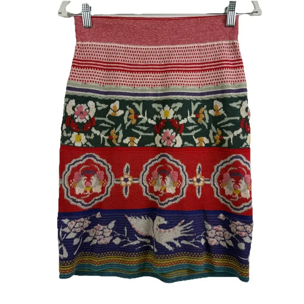 Anthropologie Moth Chava Embroidered Folk Bird Floral Knit Skirt Small Bohemian